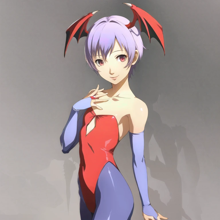 1girl, solo, <lora:Persona4StyleV2:0.8>, <lora:LilithV3:1>, lilith, smile, head wings, red leotard, bridal gauntlets, purple pantyhose, (simple background)