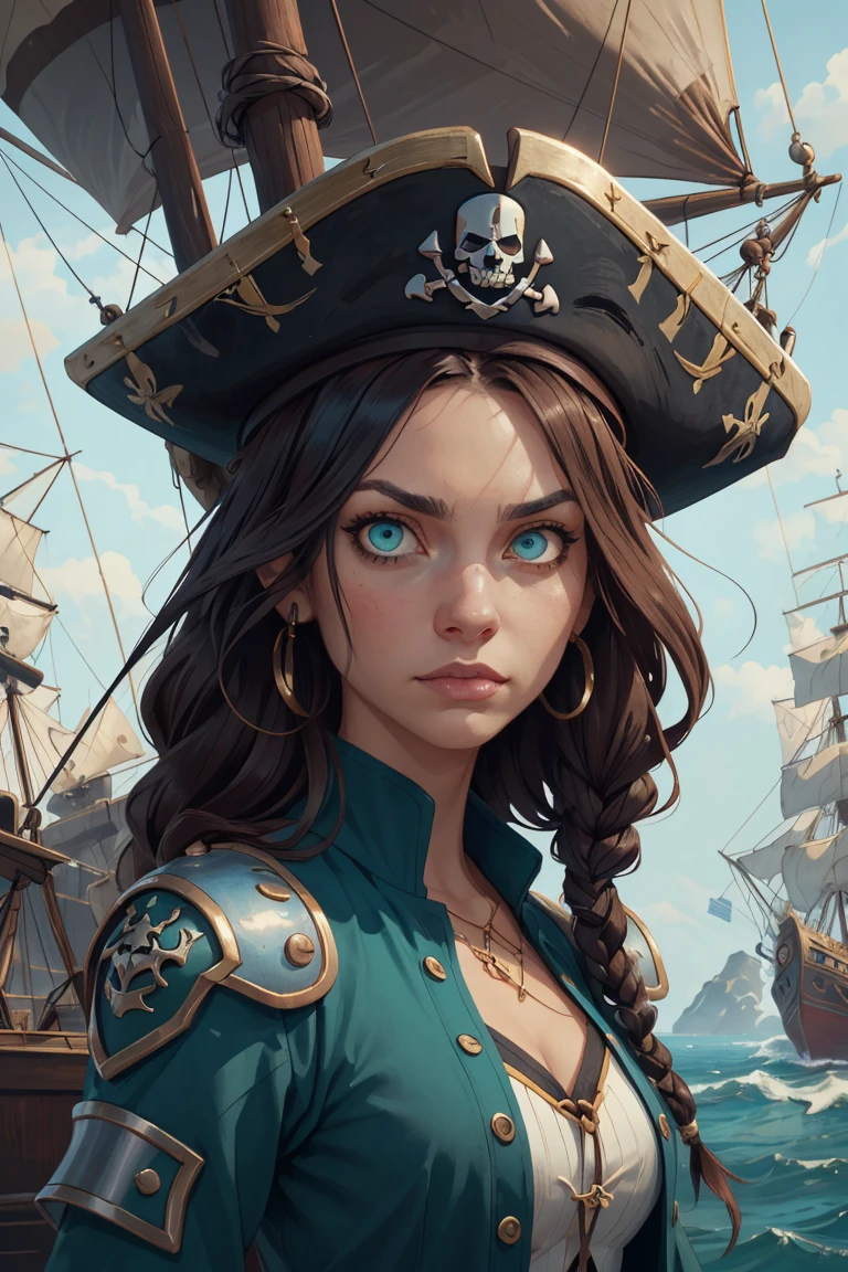 (Masterpiece, best quality:1.2),1 woman,fearless and courageous expression,mature,skinny shoulders,very skinny body,long dreads,black captitain dark pirate hat,dreads,vibrant green eyes,(detailed eyes and detailed face),outside of a ship,external ship background,detailed face,(medieval fantasy theme:1.1),light blue pirate-themed armor,neon-lights,<lora:GoodHands-vanilla:1>,
