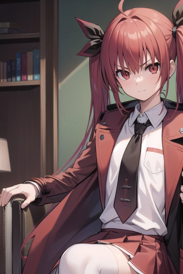kotoriitsuka, <lora:kotoriitsuka-lora-nochekaiser:1>,
kotori itsuka, long hair, (red eyes:1.5), red hair, ahoge, (flat chest:1.2),
BREAK (coat on shoulders:1.7), (white shirt:1.5), coat, (red coat:1.5), collared shirt, long sleeves, twintails, hair ribbon, black ribbon, necktie, school uniform, skirt, red skirt, pleated skirt, thighhighs, black necktie,
BREAK looking at viewer, (sitting:1.5), throne, from below, smile, angry, chair, crossed arms,
BREAK indoors,
BREAK <lyco:GoodHands-beta2:1>, (masterpiece:1.2), best quality, high resolution, unity 8k wallpaper, (illustration:0.8), (beautiful detailed eyes:1.6), extremely detailed face, perfect lighting, extremely detailed CG, (perfect hands, perfect anatomy),