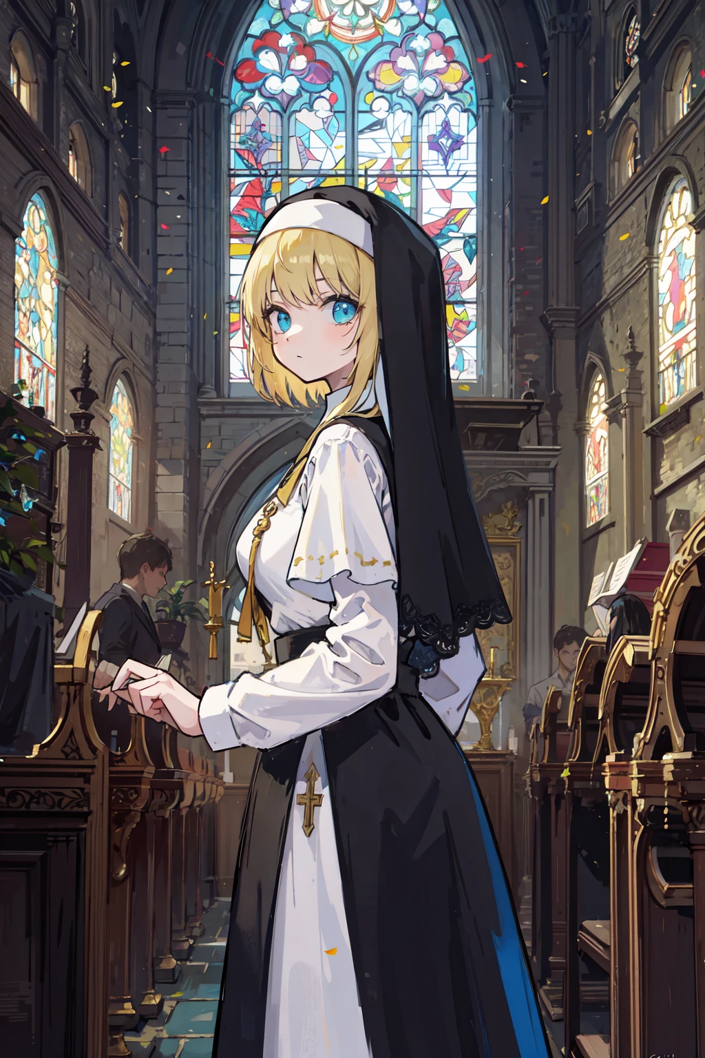 (masterpiece, best quality:1.4), (Intricate detailed:1.2), 1girl, elf, nun, church, indoors, stained glass