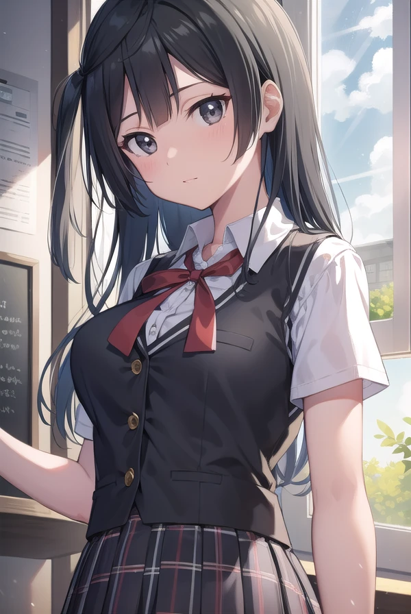(masterpiece), best quality, expressive eyes, perfect face,high school girl, long black hair, as hair in a ponytail, red eyes,(sitting at the class table), charming, sexy, elegant, smiling mischievously