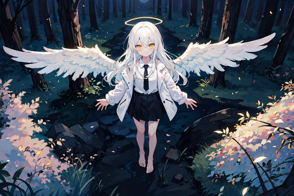 (masterpiece, best quality:1.4), (Intricate detailed:1.2), 1girl, (loli1.3), solo, (white hair, messy hair, long hair), (angel wings, angel halo), flat chest, light smile, glowing yellow eyes, (white shirt, black necktie, black open coat, black skirt, barefoot), (cinematic lighting, backlit), glowing white particles, spread arms, (grassland, night sky, trees, forest, full moon), wide shot, from above, full body, <lora:GoodHands-vanilla:1>