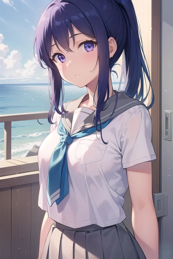 kananmatsuura, <lora:kananmatsuura-lora-nochekaiser:1>,
kanan matsuura, blue hair, long hair, ponytail, (purple eyes:1.1), sidelocks, (medium breast:1.2),
BREAK aqua neckerchief, grey sailor collar, grey skirt, miniskirt, neckerchief, pleated skirt, sailor collar, sailor shirt, school uniform, serafuku, shirt, skirt, summer uniform, uranohoshi school uniform, white shirt,
BREAK looking at viewer,
BREAK indoors, classroom,
BREAK <lyco:GoodHands-beta2:1>, (masterpiece:1.2), best quality, high resolution, unity 8k wallpaper, (illustration:0.8), (beautiful detailed eyes:1.6), extremely detailed face, perfect lighting, extremely detailed CG, (perfect hands, perfect anatomy),