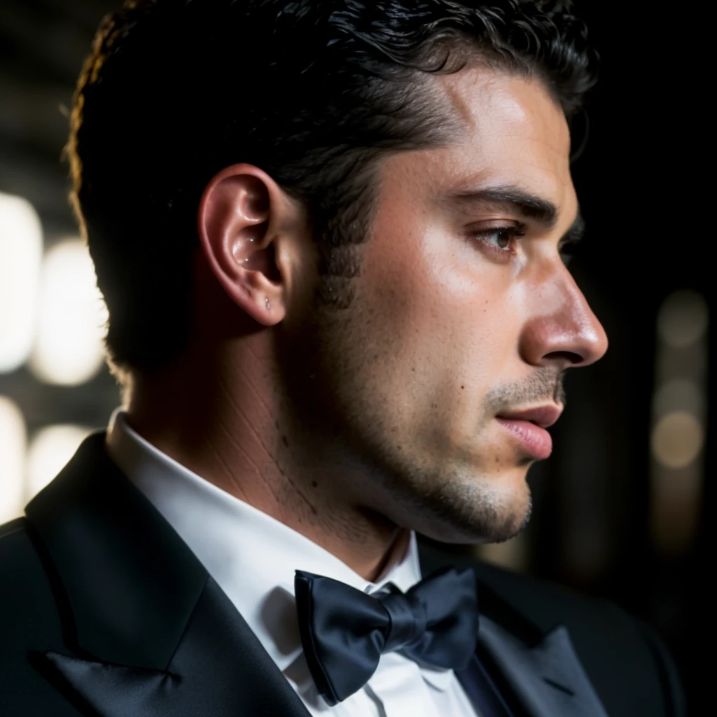 face portrait of bababruno person using a tuxedo, in blade runner, professional photography, high resolution, 4k, detailed photo, <lora:bababruno_36450:1>