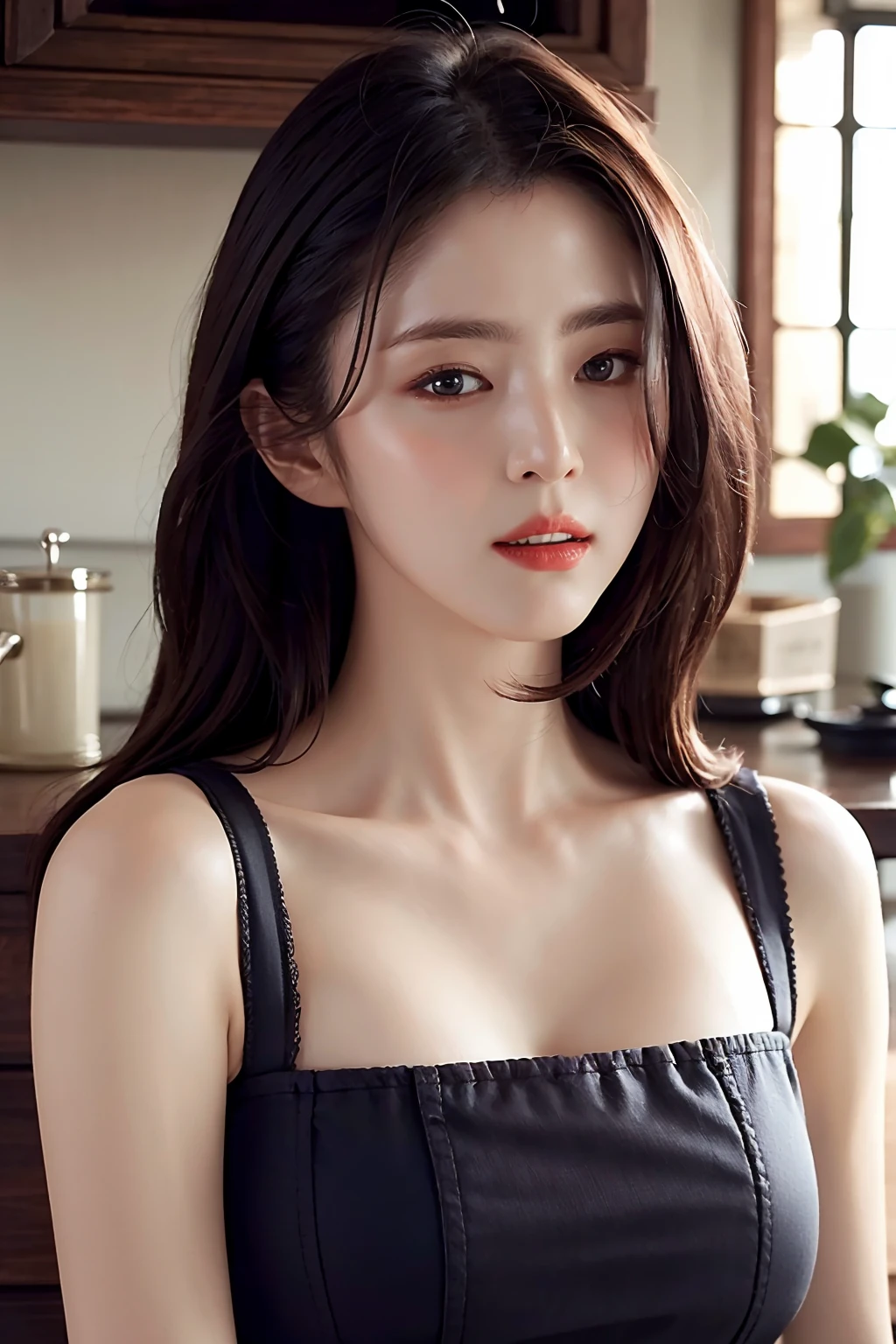 Best quality, masterpiece, ultra high res, (photorealistic:1.4), raw photo, 1girl, inside cafe, closeup, looking at viewer