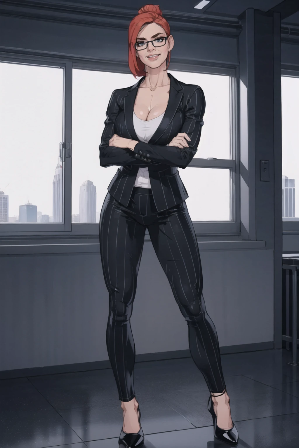 businesswoman, 1girl, solo, red hair, messy hair bun, wearing black pinstripe suit, long black pinstripe pants, black pumps heels, cleavage, curvy, huge breasts, glasses, smile, relaxed pose, arms crossed, standing in office, windows, city, medium shot, beautiful, ((masterpiece:1.2)), ((best quality:1.2)), extremely detailed face, perfect eyes, perfect face, perfect lighting, <lora:Nacnacv4:0.8>