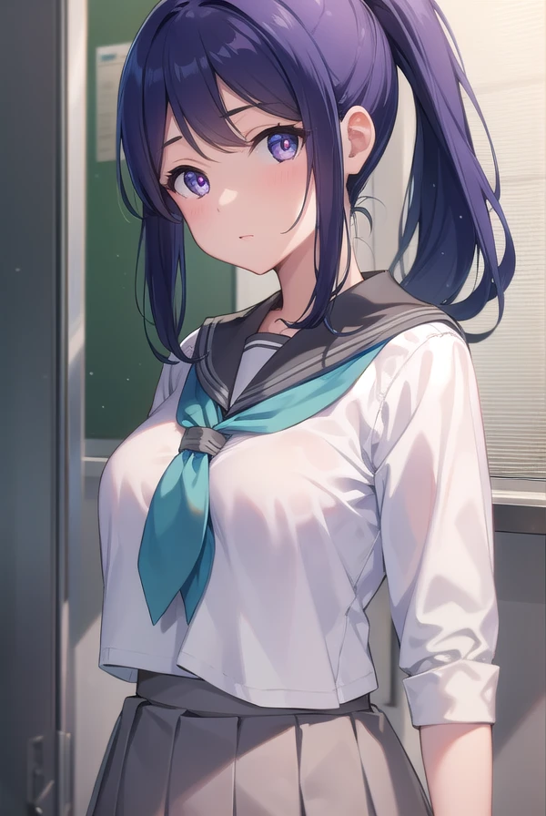kananmatsuura, <lora:kananmatsuura-lora-nochekaiser:1>,
kanan matsuura, blue hair, long hair, ponytail, (purple eyes:1.1), sidelocks, (medium breast:1.2),
BREAK aqua neckerchief, grey sailor collar, grey skirt, miniskirt, neckerchief, pleated skirt, sailor collar, sailor shirt, school uniform, serafuku, shirt, skirt, summer uniform, uranohoshi school uniform, white shirt,
BREAK looking at viewer,
BREAK indoors, classroom,
BREAK <lyco:GoodHands-beta2:1>, (masterpiece:1.2), best quality, high resolution, unity 8k wallpaper, (illustration:0.8), (beautiful detailed eyes:1.6), extremely detailed face, perfect lighting, extremely detailed CG, (perfect hands, perfect anatomy),