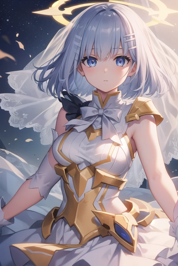origamitobiichi, <lora:origamitobiichi-lora-nochekaiser:1>,
origami tobiichi, blue eyes, short hair, school uniform, white hair, hair clips, hair pins,
BREAK elbow gloves, frilled skirt, frills, gloves, skirt, white gloves, white skirt, (halo:1.5), wedding veil, veil, dress, white dress,
BREAK looking at viewer,
BREAK outdoors,
BREAK <lyco:GoodHands-beta2:1>, (masterpiece:1.2), best quality, high resolution, unity 8k wallpaper, (illustration:0.8), (beautiful detailed eyes:1.6), extremely detailed face, perfect lighting, extremely detailed CG, (perfect hands, perfect anatomy),