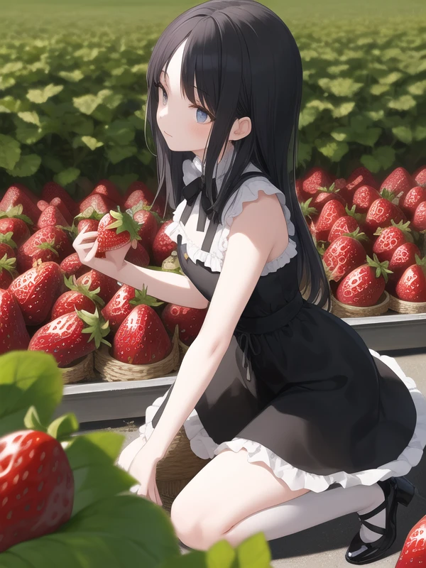 solo,Goth dress girl picking strawberries in a strawberry field