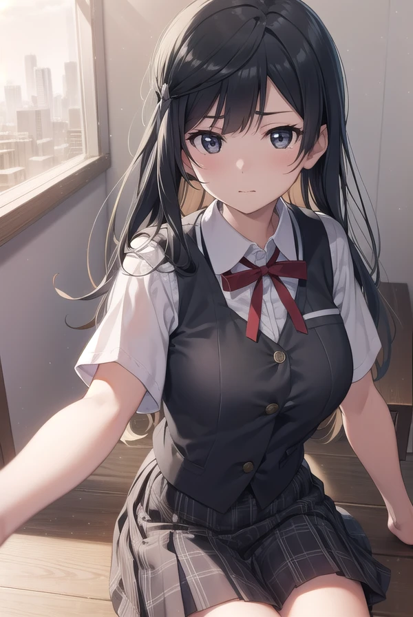 setsunayuuki, <lora:setsunayuuki-lora-nochekaiser:1>,
setsuna yuuki, (black eyes:1.5), black hair, long hair, one side up, (medium breast:1.2),
BREAK armband, blue vest, buttons, collared shirt, dress shirt, grey skirt, neck ribbon, nijigasaki academy school uniform, plaid, plaid skirt, pleated skirt, red ribbon, ribbon, school uniform, shirt, short sleeves, skirt, summer uniform, vest, white shirt,
BREAK looking at viewer,
BREAK indoors, classroom,
BREAK <lyco:GoodHands-beta2:1>, (masterpiece:1.2), best quality, high resolution, unity 8k wallpaper, (illustration:0.8), (beautiful detailed eyes:1.6), extremely detailed face, perfect lighting, extremely detailed CG, (perfect hands, perfect anatomy),