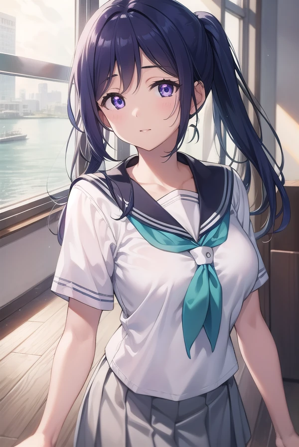 kananmatsuura, <lora:kananmatsuura-lora-nochekaiser:1>,
kanan matsuura, blue hair, long hair, ponytail, (purple eyes:1.1), sidelocks, (medium breast:1.2),
BREAK aqua neckerchief, grey sailor collar, grey skirt, miniskirt, neckerchief, pleated skirt, sailor collar, sailor shirt, school uniform, serafuku, shirt, skirt, summer uniform, uranohoshi school uniform, white shirt,
BREAK looking at viewer,
BREAK indoors, classroom,
BREAK <lyco:GoodHands-beta2:1>, (masterpiece:1.2), best quality, high resolution, unity 8k wallpaper, (illustration:0.8), (beautiful detailed eyes:1.6), extremely detailed face, perfect lighting, extremely detailed CG, (perfect hands, perfect anatomy),