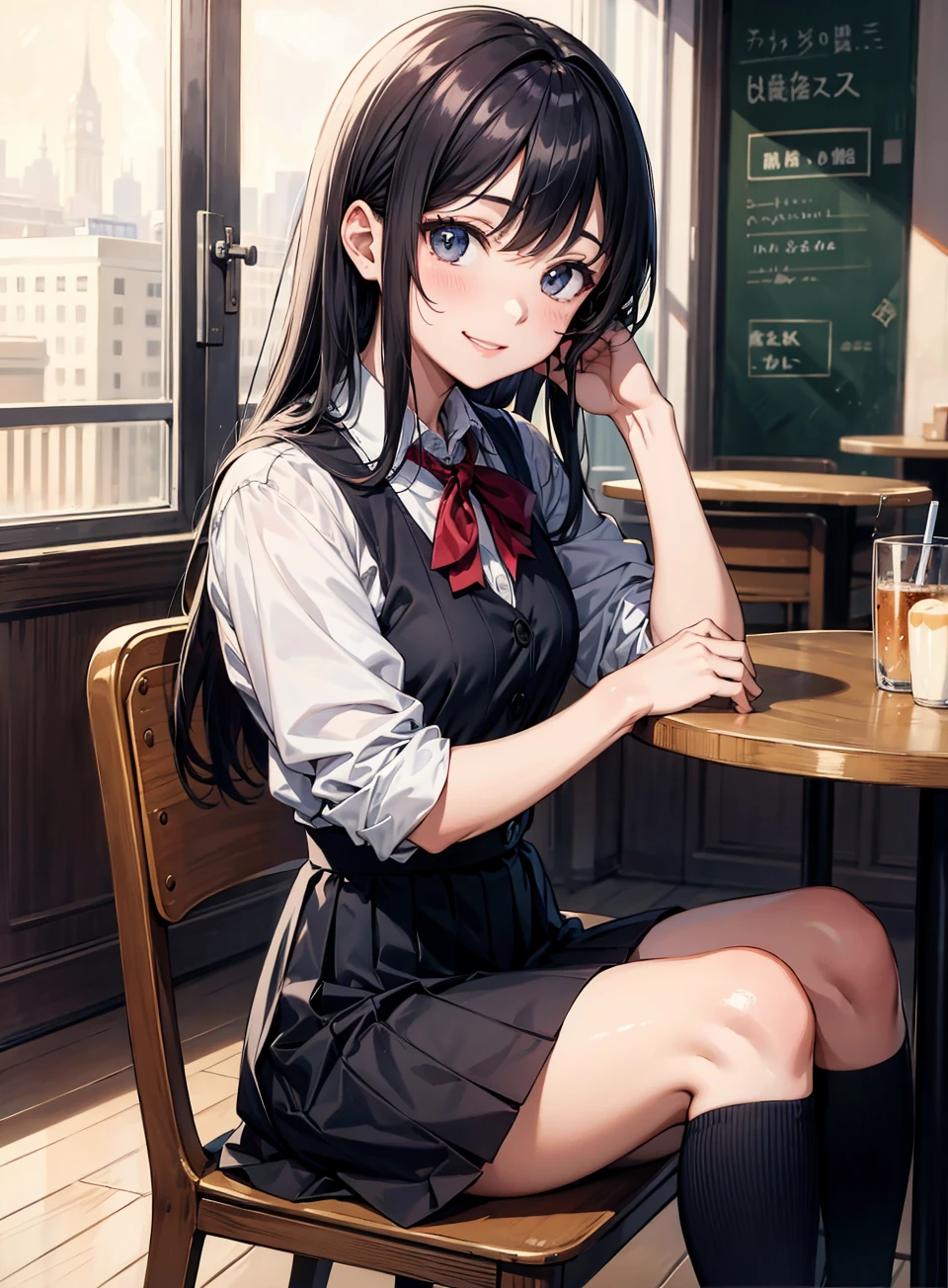 (masterpiece, best quality), (absurdres:1.2), (novel illustration:1.4), (ultra detailed, 8K, ultra highres:1.2), 1girl, young, detailed face, detailed eyes, detailed hands, slim, long hair, school uniform, skirt, sitting on chair, cafe, smile, cinematic composition, <lyco:more_details:0.3>, in anime style
