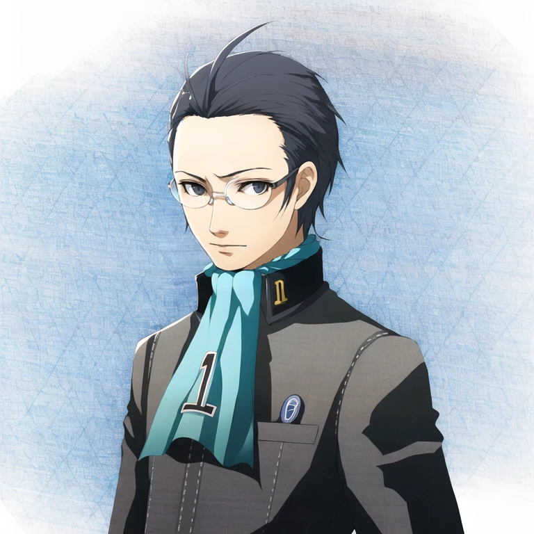 1boy, solo, <lora:Nanjo:1>, nanjop1, school uniform, blue ascot, glasses, <lora:Persona4protraits:0.7>, (white background)