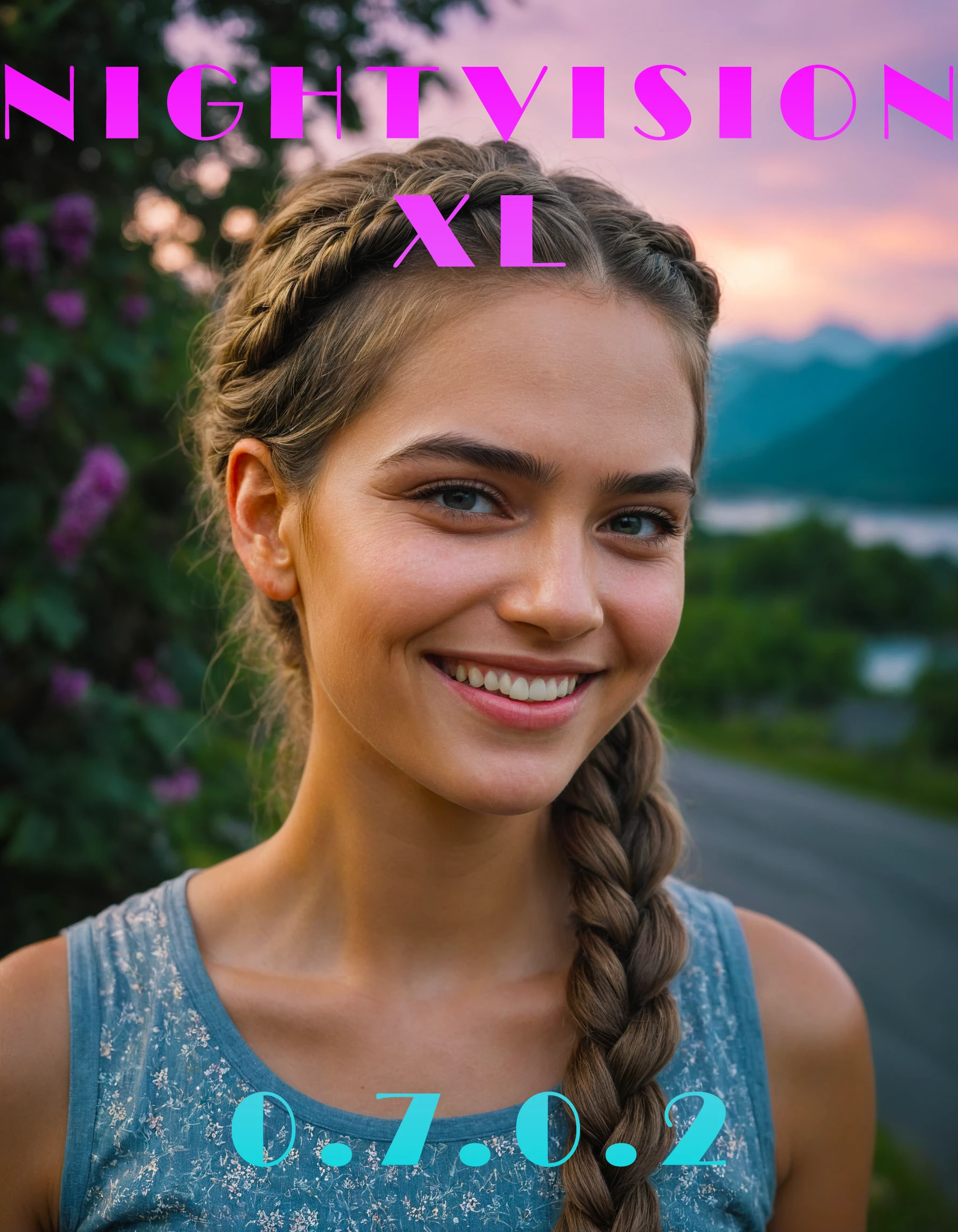 art by Rashad Alakbarov, Varied tall Inti, energized, braided hair, Norwegian girl, (Lilac in background:0.8), at Dusk, deep focus, Ultrarealistic, Manic, Sunlight, 80mm, Floral motifs, Concept artist, looking at me, smiling, happy, seductive, Photorealistic Cinematic lighting 4K quality super realistic detailed photo style cinematic 35mm rich deep colors masterpiece ultra high resolution photorealism 8k hyper realism fujifilm