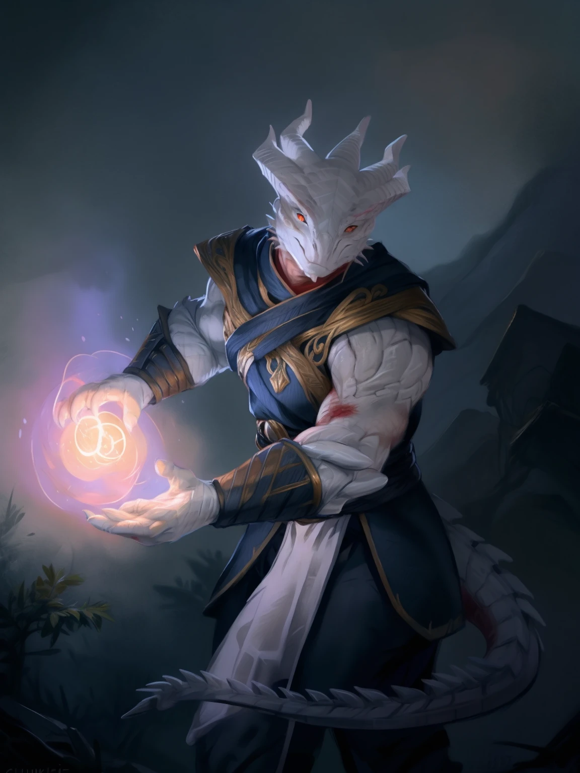 thedarkurge, dragonborn \(dnd\), white body, red eyes, male, muscular, clothing, mage, detailed background, dnd, medieval, dynamic pose, magic, element magic, glowing, battlefield, by kenket, by chunie
<lora:thedarkurge_v1_ep10:1>