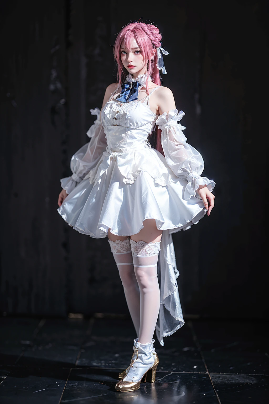 best quality, masterpiece, realistic, photorealistic, 1girl, solo, looking at viewer, full body, standing, dorothy costplay costume, cosplay, hair bun, white dress, detached sleeves, white thighhighs, high heel boots, detailed background, <lora:nikke_dorothy_cosplay_costume_v1:0.65>