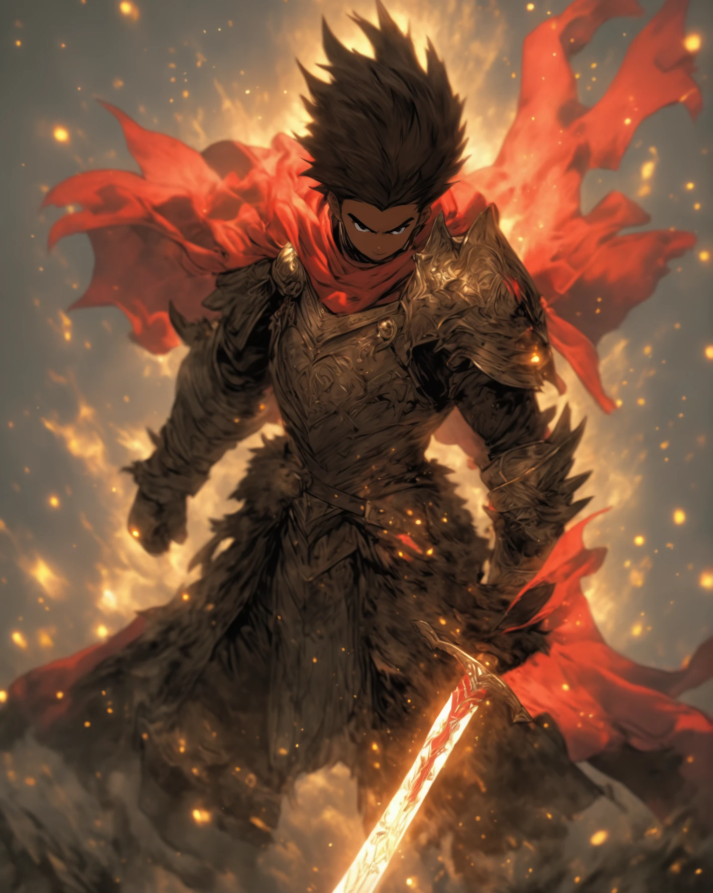 weapon, armor, sword, solo, 1boy, gauntlets, male focus, (holding sword:1.2), cape, holding weapon, holding, planted, glowing, full armor, greaves, black armor, shoulder armor, torn clothes, standing, fur trim, red cape, glowing weapon, breastplate, planted sword, (masterpiece:1.1)