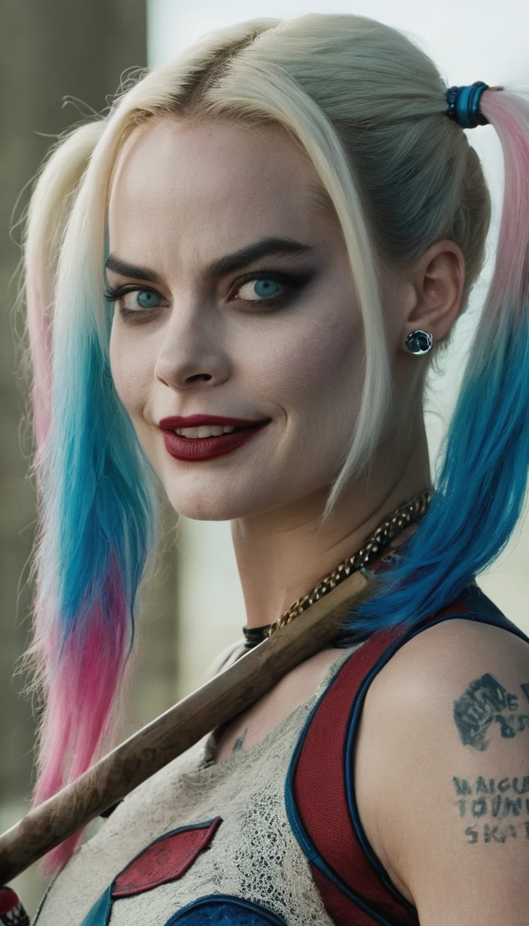 (Movie Still) from Suicide Squad , (extremely intricate:1.3), (realistic), portrait of a girl, the most beautiful in the world, Margot Robbie as Harley Quinn, colorful hair, pigtails, blue eyes, baseball bat, teeth, (detailed face, detailed eyes, clear skin, clear eyes), photorealistic, award winning, professional photograph of a stunning woman detailed, sharp focus, dramatic, award winning, cinematic lighting, volumetrics dtx