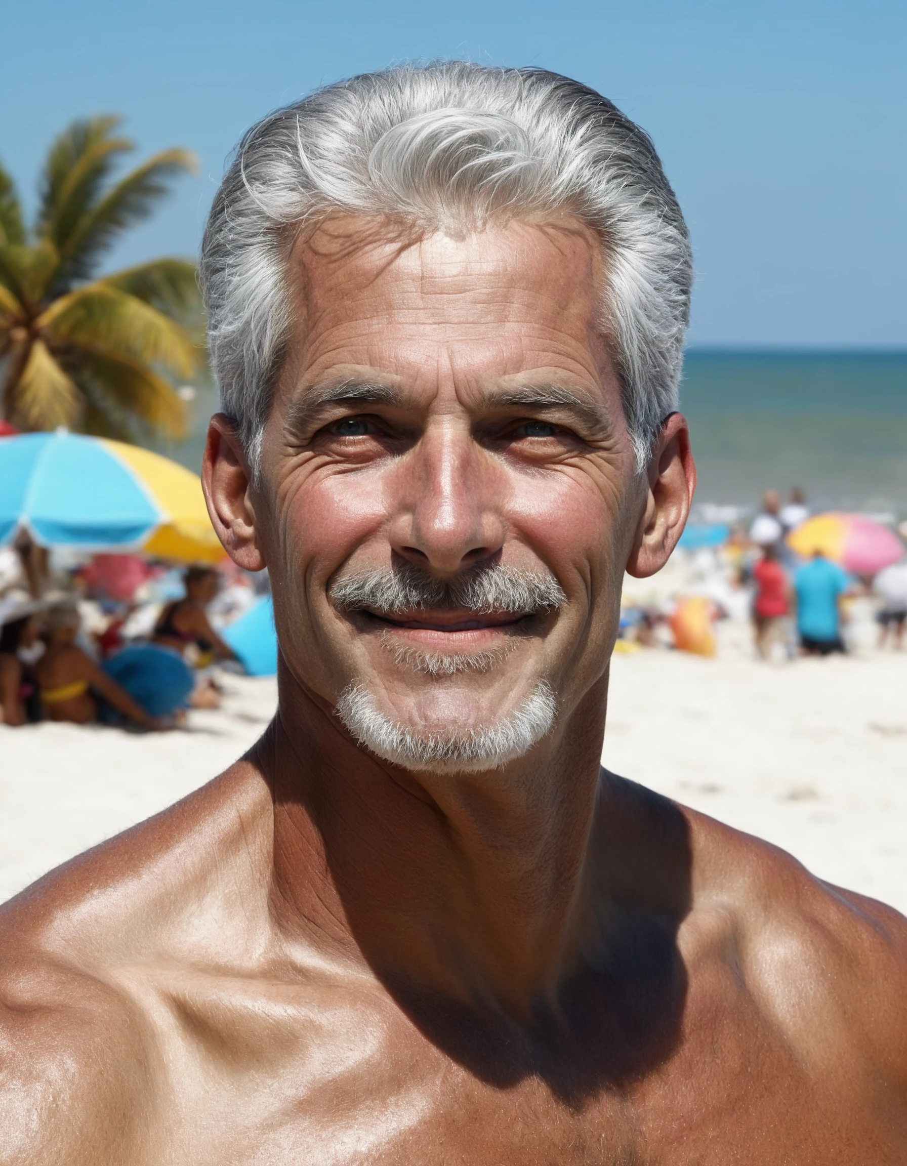 smiling muscle hot guy with gray hair and beard, with shades, in tight shiny leather speedos, posing in a sunny beach. arms over head.