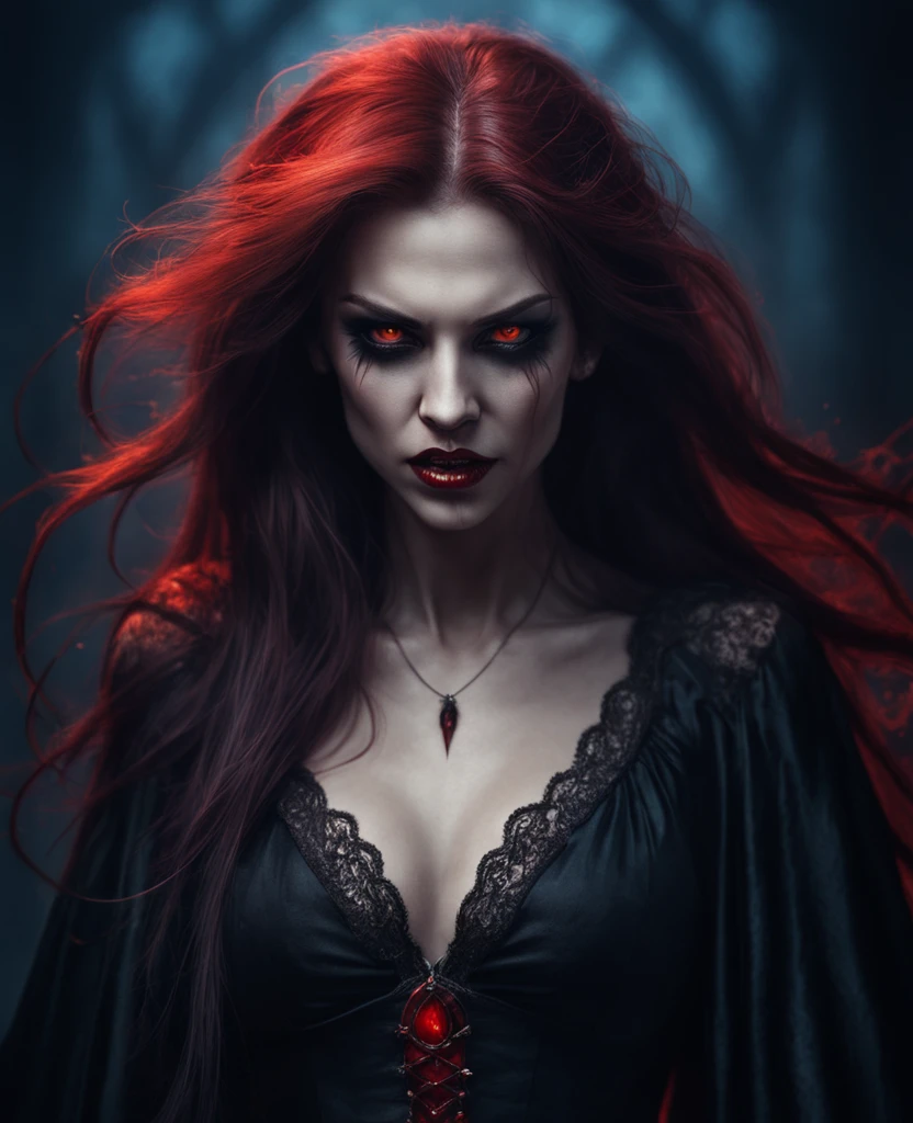 a woman vampire, Gothic Nightdress, (epic portrait:0.85), flowing hair, sweaty skin, night, red eyes, (fangs:1.2), [[soft cinematic light, adobe lightroom, photolab, hdr, intricate, highly detailed, ]],((by Anne Stokes,James Gilleard)), (depth of field), epic realistic, [[[bloodpunk]]], hair by Anna Dittmann and by Peter Max