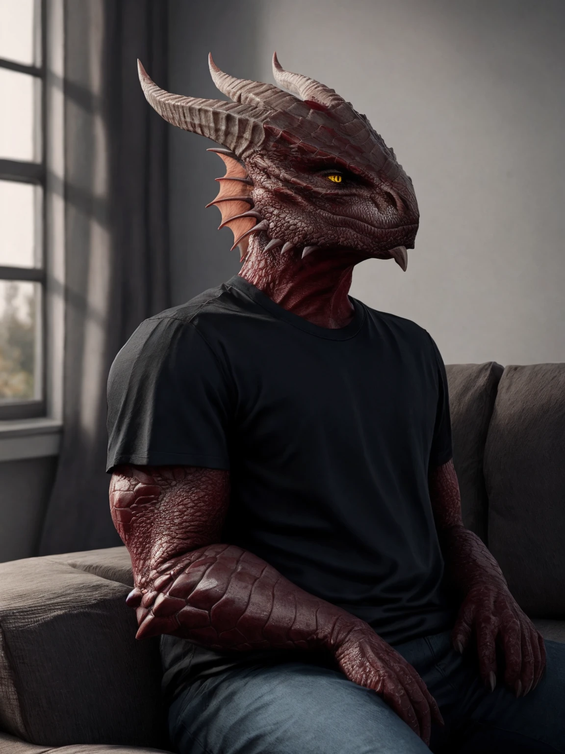 dragonborn \(dnd\), (red body), yellow eyes, male, (fins), t-shirt, fully clothed, room, modern, (sofa), sitting, indoor, detailed scale, realistic, intricate, ultra realistic
<lora:thedarkurge_v1:0.7>