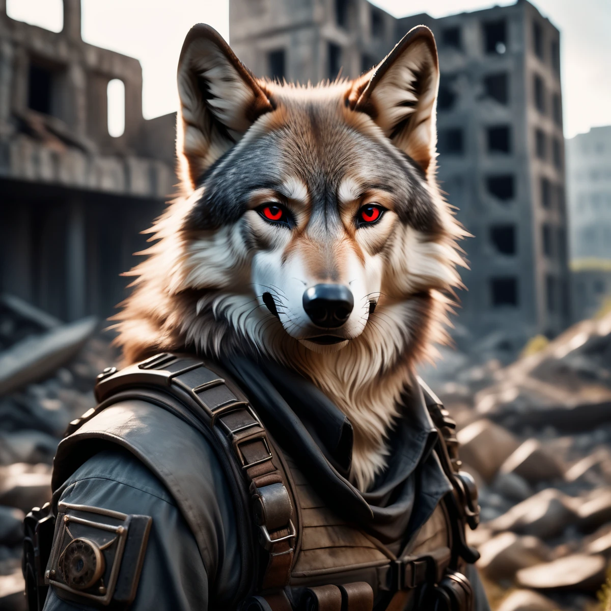 cinematic film still An 18 year old anthro wolf postapocalyptic outfit, (epic post apocalyptic destroyes city overgrown ruins), detailed background, red eyes, close-up, amazing fine detail, RAW photo, Nikon D850 film stock photograph Kodak Portra 400 camera f1.6 lens, rich colors, lifelike texture, dramatic lighting, unreal engine, trending on ArtStation, cinestill 800 tungsten, ((new dawn on horizon))
 . shallow depth of field, vignette, highly detailed, high budget, bokeh, cinemascope, moody, epic, gorgeous, film grain, grainy