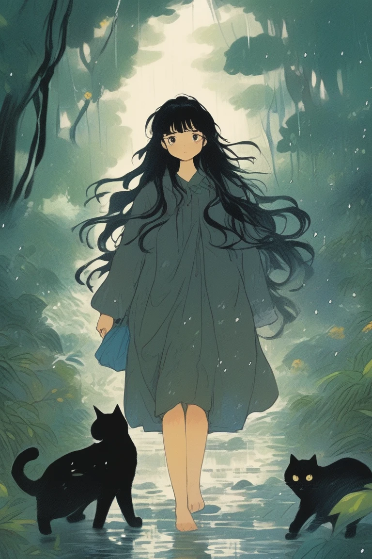 cute litter girl,cute cat, in the Monsoon Forest,long wavy hair, black hair, ghibli anime style,, (masterpiece,best quality,niji style)