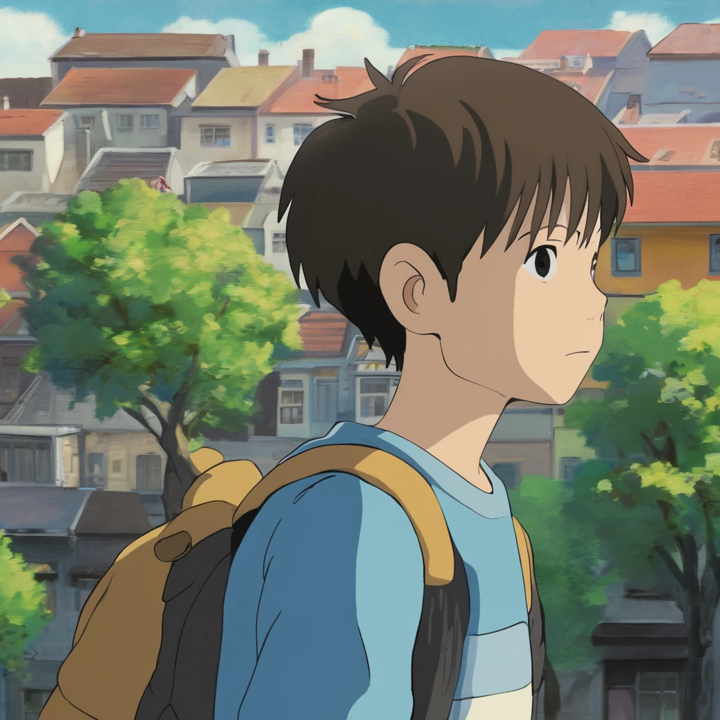 A boy, city background, StdGBRedmAF <lora:StudioGhibliRedmond-StdGBRedmAF:1>