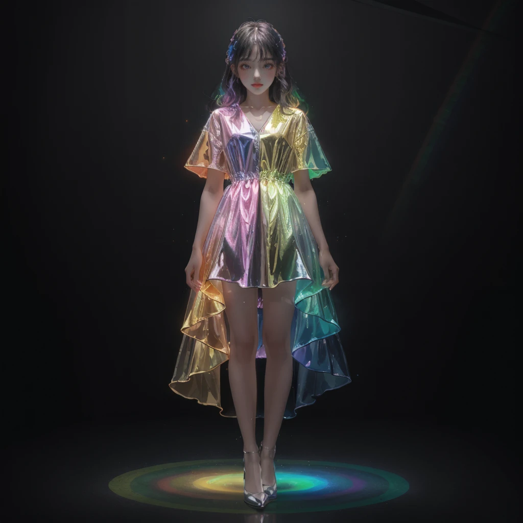 masterpiece, best quality,highres, 1girl, tall, perfect stature, liuli,<lora:liuli_20230828183428:0.6>,full body, bangs, chromatic dispersion,(metallic_lustre:1.2), tansparent_plastic, coloured glaze, Polychromatic prism effect, rainbowcore, iridescence/opalescence, glowing colors, aluminum foil, Glowing ambiance