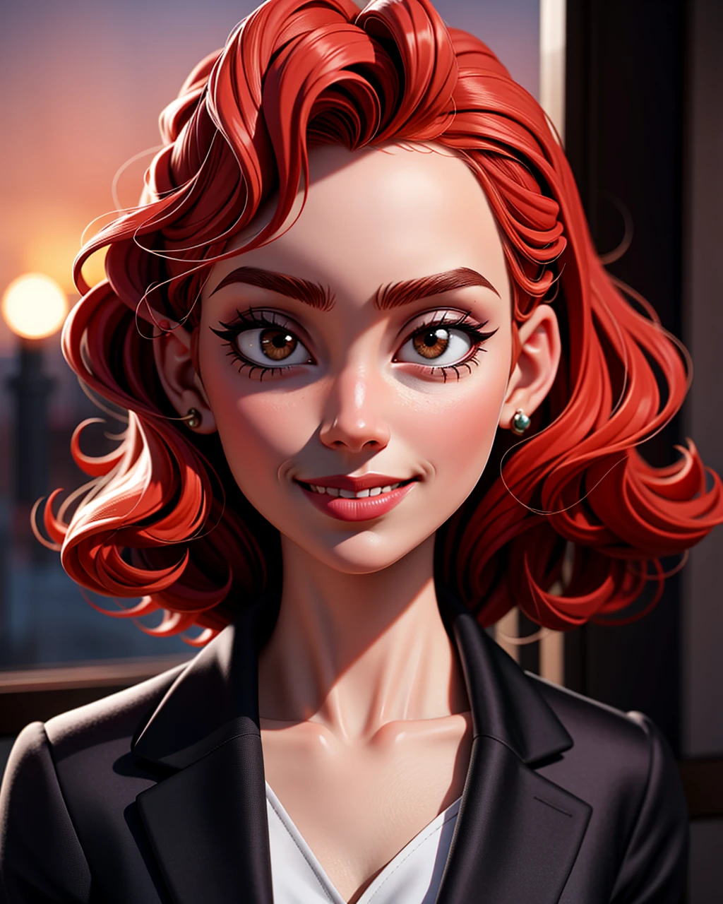 ((masterpiece), best quality, high quality, professional quality, highly detailed, highres, perfect lighting, natural lighting), portrait, haunting, Menacing figure with a painted smile, Fair Skin, Redhead with half-up half-down style and loose curls, beige velvet lipstick, with a sunrise in the background
