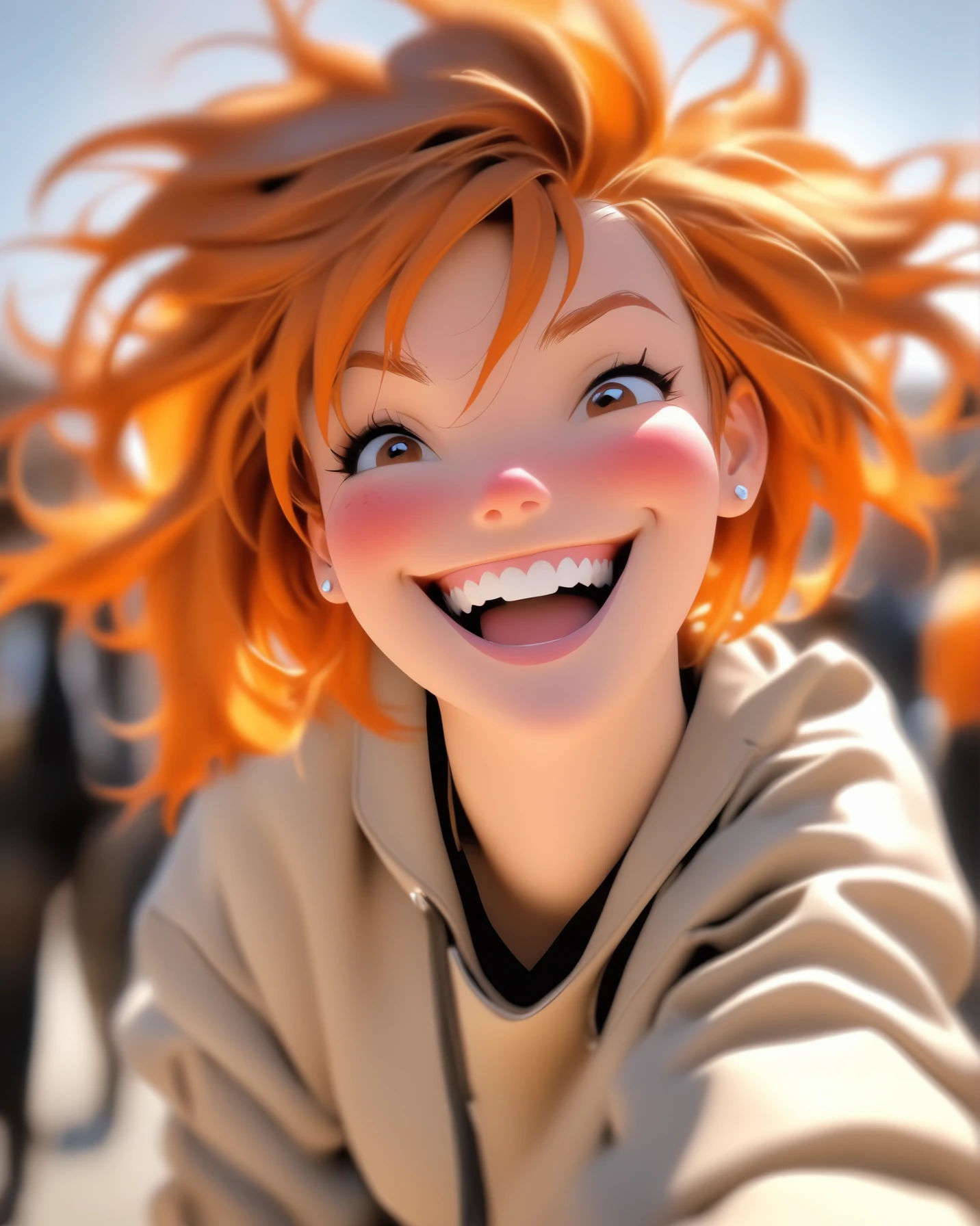 1girl, solo, smile, looking at viewer, jacket, jewelry, blurry background, upper body, orange hair, blurry, necklace, short hair, freckles, bangs, teeth, parted lips, brown eyes, red hair, long sleeves