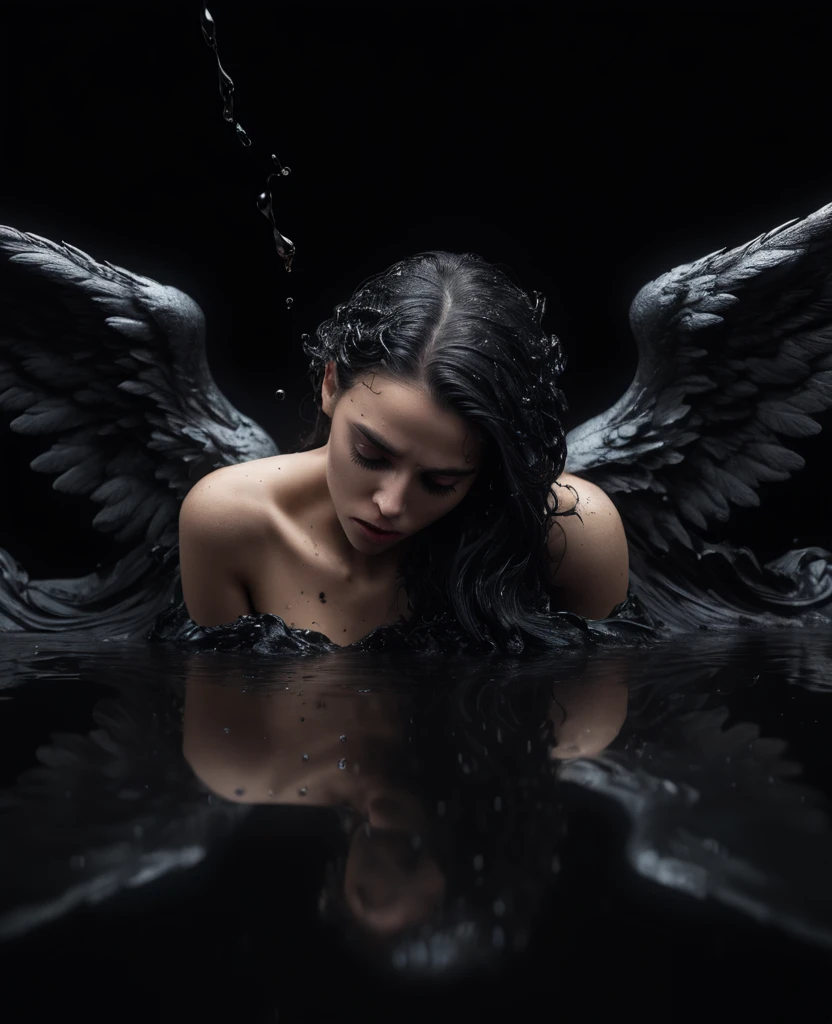 (( thinking )), 8 k art photography shot art shot, hyperrealistic, hyperdetailed, super detailed, uhd, uhd, 8 k, high resolution, a fallen angel in black fluid simulation,