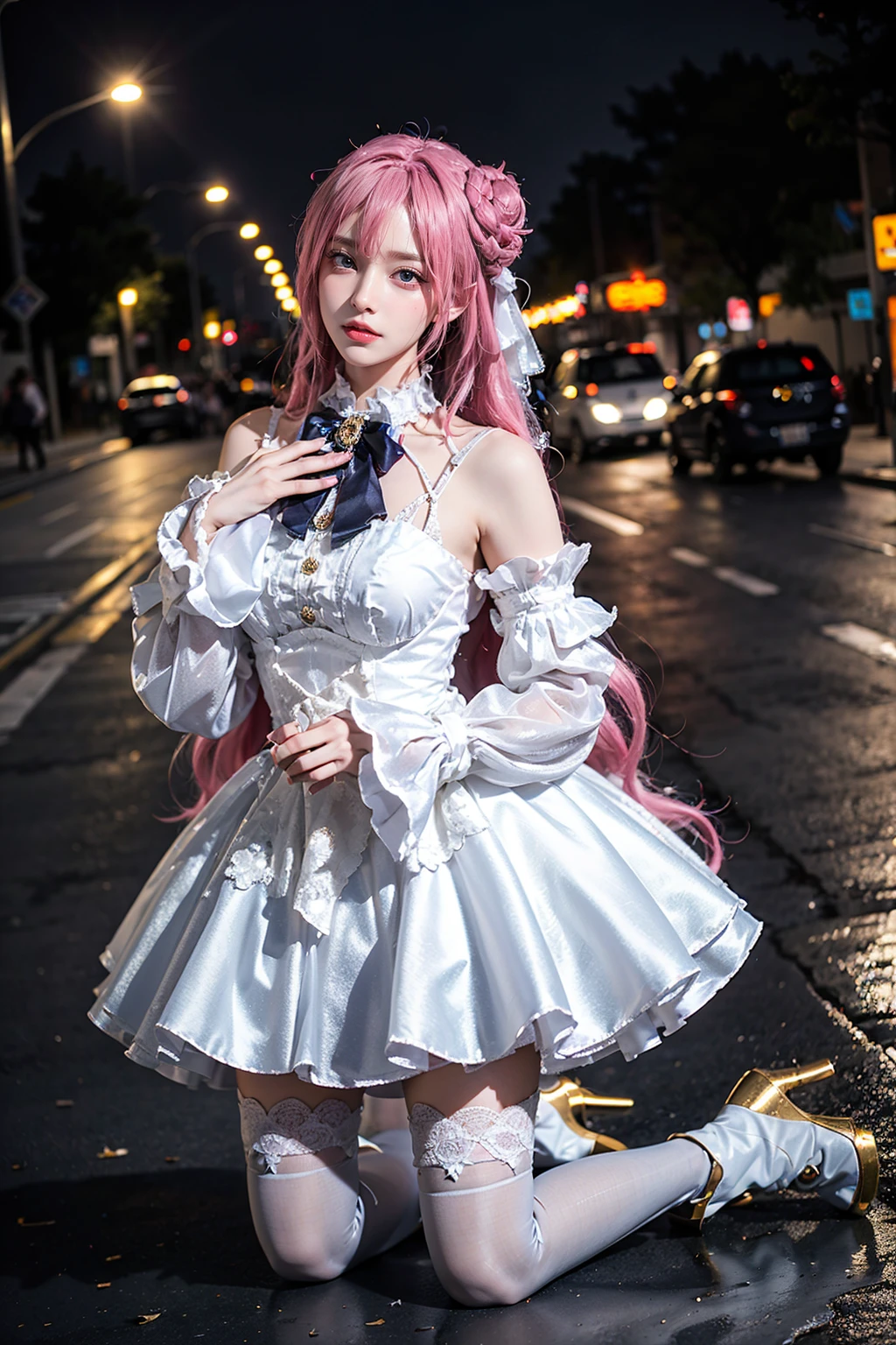 best quality, masterpiece, realistic, photorealistic, 1girl, solo, looking at viewer, full body, kneeling, dorothy costplay costume, cosplay, hair bun, white dress, detached sleeves, white thighhighs, high heel boots, detailed background, in street, night, <lora:nikke_dorothy_cosplay_costume_v1:0.65>