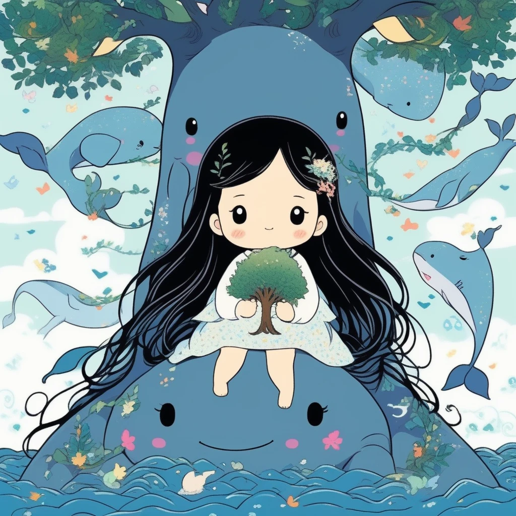 cute litter girl,cute Narwhal, in the The Yggdrasil Tree,long wavy hair, black hair, ghibli anime style,, (masterpiece,best quality,niji style)