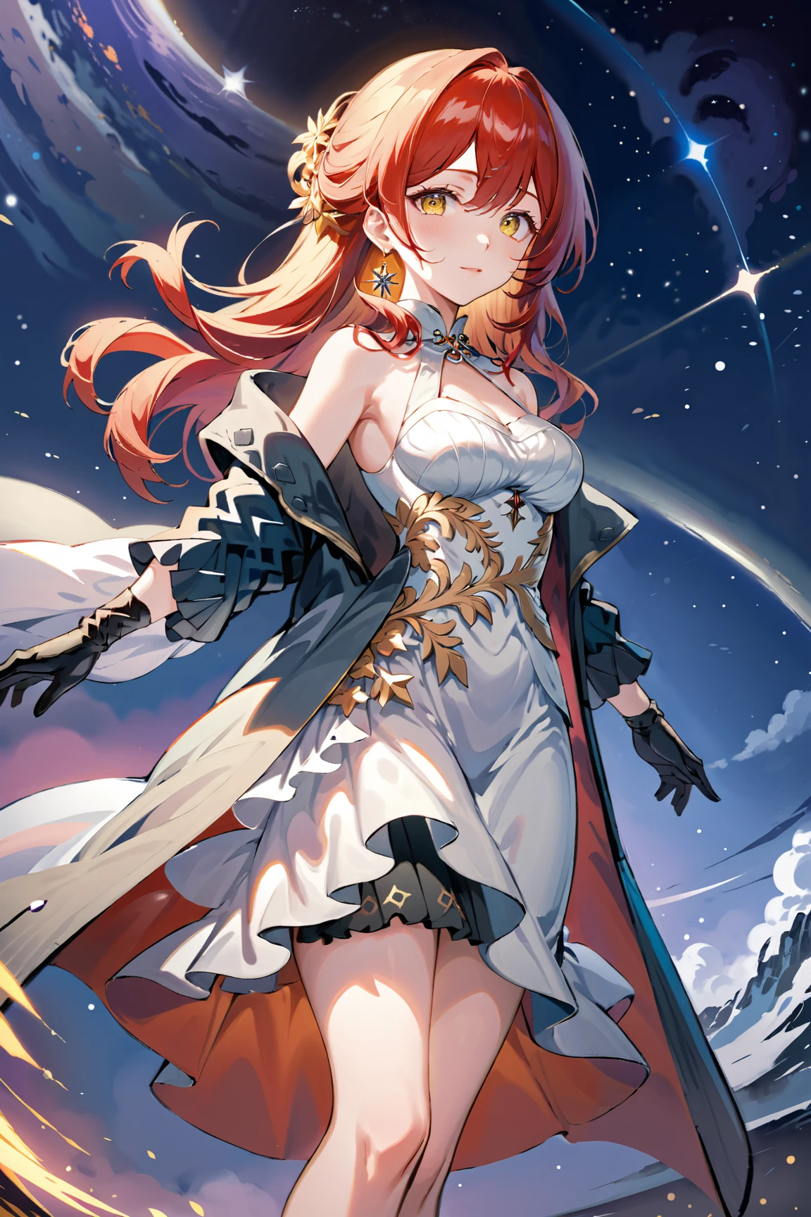 ultra-detailed,(best quality),((masterpiece)),(highres),original,extremely detailed 8K wallpaper,(an extremely delicate and beautiful),((detailed face)),beautiful detail eyes,
anime,Line,
jizi,1girl,dress,solo,gloves,white dress,full body,red hair,black gloves,bangs,yellow eyes,breasts,long hair,cleavage,closed mouth,sky,black footwear,murata himeko,single glove,looking at viewer,hair between eyes,star (sky),jewelry,night sky,jacket,coat,smile,hair ornament,standing,sleeveless dress,earrings,bare shoulders,
//
 <lora:jizi-sdxl:0.7>