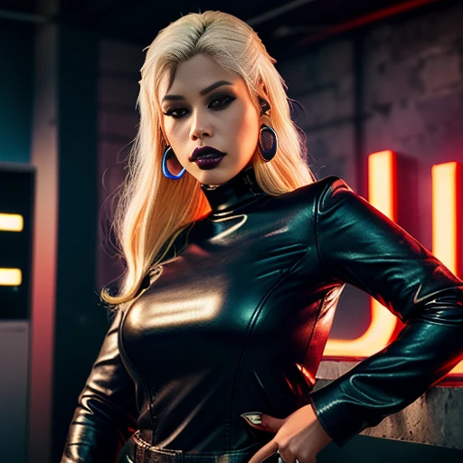 epic35mm, photo of a beautiful busty woman, jesrho, long perfect platinum blonde hair, (black b3ltdr3ssng), (in a cyberpunk city street, dystopian, neon lights, fog:1.2), 70mm, (analog, cinematic, film grain:1.3), depth of field, ((detailed eyes)), (color picture:1.1), Fujifilm XT3,  <lora:epiC35mm:1>, <lora:b3ltdr3ssng:0.8>,  <lora:jesrho:1>