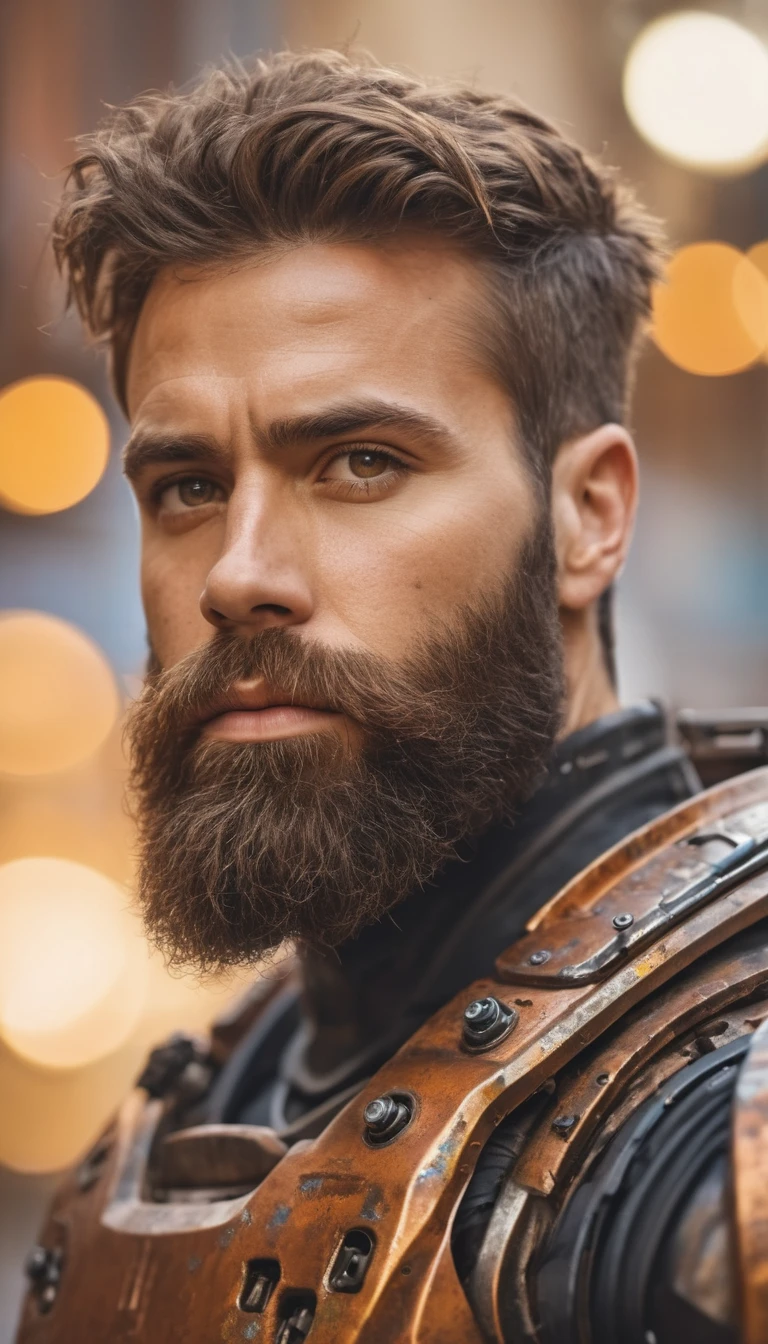 Portrait photo of muscular bearded guy in a worn mech suit, ((light bokeh)), intricate, (steel metal [rust]), elegant, sharp focus, photo by greg rutkowski, soft lighting, vibrant colors, (masterpiece), ((streets)), (detailed face:1.2),