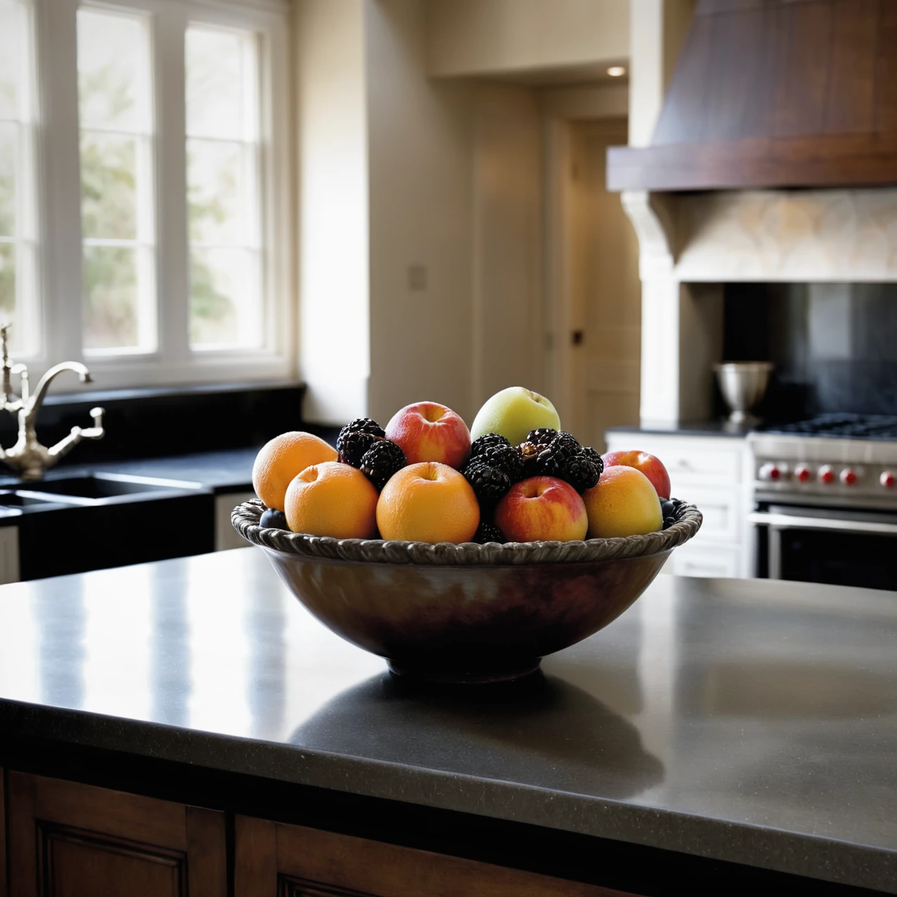 a classic landscape painting of a perfect bowl of fruit sitting on a counter in an upscale elegant kitchen , by Richard S. Johnson