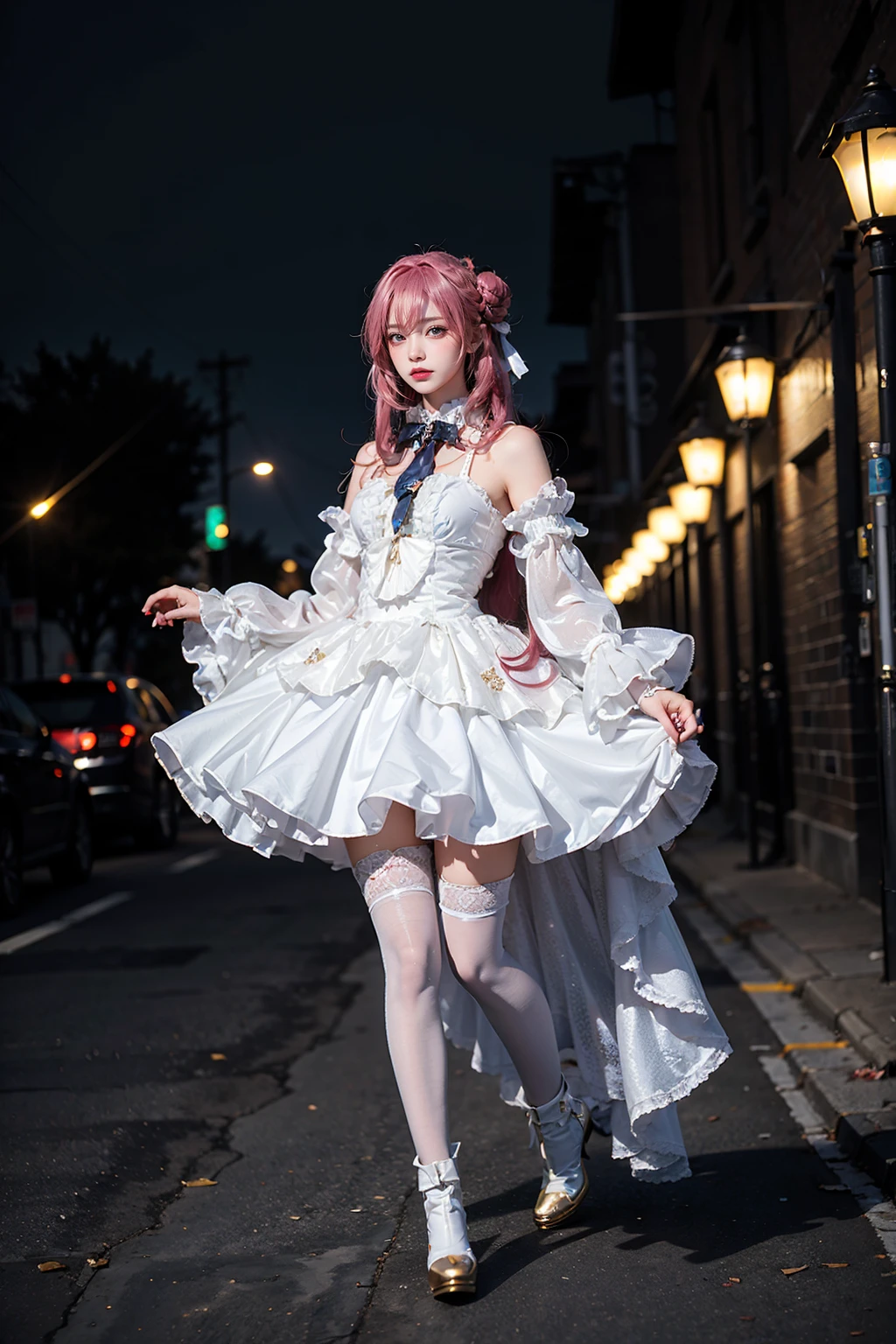 best quality, masterpiece, realistic, photorealistic, 1girl, solo, looking at viewer, full body, dorothy costplay costume, cosplay, hair bun, white dress, detached sleeves, white thighhighs, high heel boots, detailed background, in street, night, <lora:nikke_dorothy_cosplay_costume_v1:0.65>