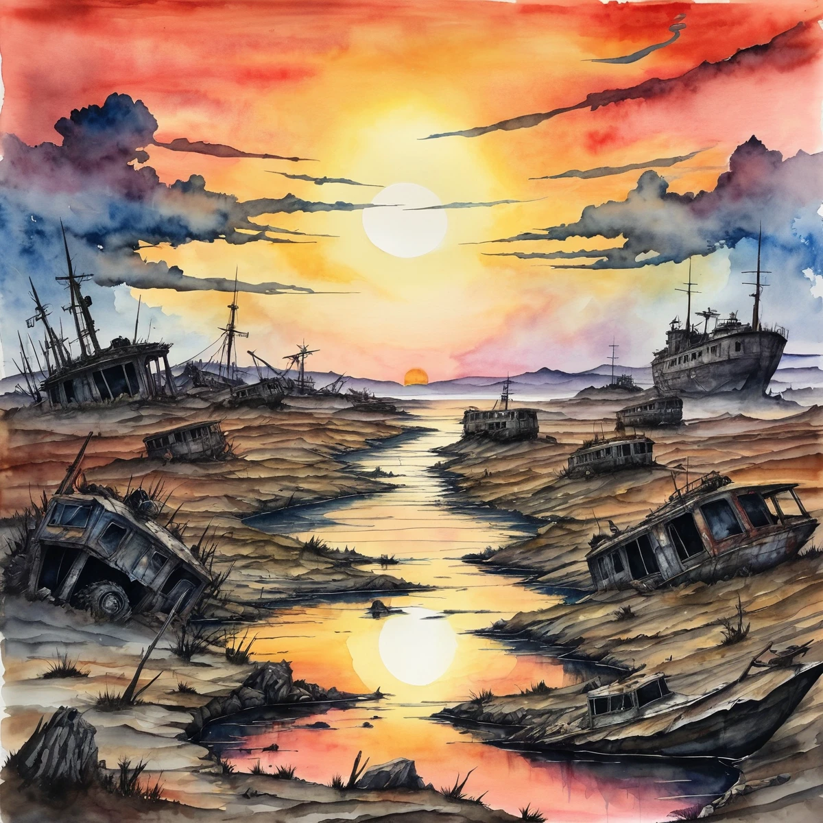 post-apocalyptic sunset at the end of the world of the new dawn aquarelle drawing