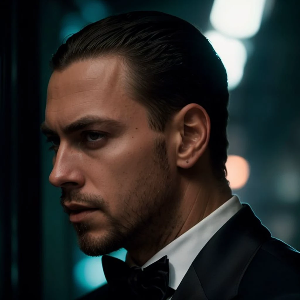 face portrait of vadymcavalera person using a tuxedo, in blade runner, professional photography, high resolution, 4k, detailed photo,  <lora:vadymcavalera_21600:1>