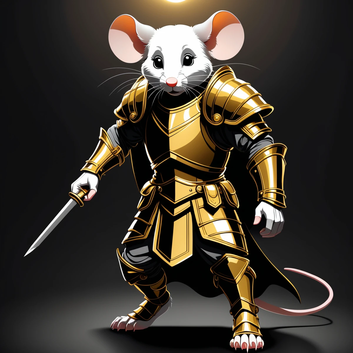 line art drawing A mouse outside dramatic lighting, dynamic pose, dynamic camera,masterpiece, best quality, dark shadows, ((dark fantasy)) ,wearing a golden armor . professional, sleek, modern, minimalist, graphic, line art, vector graphics