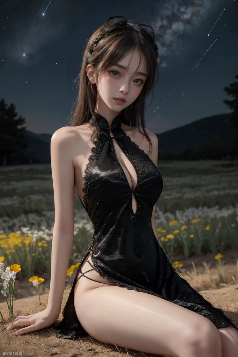 (8k，Best Picture Quality，A high resolution，full bodyesbian，动态照明，Very detailed faces)
Her dress was black，Complements the hues of the volcano。It is made of silk and tulle，The texture is light and soft，It was as if touching her skin。The dress is embroidered with delicate silver filigree patterns，Flashing with a shimmering light，Like stars dotting the dark night sky。The exquisite cut and streamlined design show off her perfect figure，Amazing。
Her hair was draped，Like a waterfall in the night。The delicate black hair shimmered with a silver glow，It was like moonlight shining on a black volcano。The hair on her forehead was pinned in a bun，Sandwiched by a silver-white flower，It adds a touch of freshness。
Her makeup is light and delicate。The eyes in her eyes were as blue as the sea，Reveal inner wisdom and firmness。Her eye shadow is a deep purple，This makes her eyes even more mysterious and charming。The slender and thick eyelashes flutter gently，Elegant and moving like a butterfly。She had crimson lipstick on her lips，Let her smile bloom like a flower，Exudes an alluring charm。
Matching her dress and makeup was a pair of shiny silver high heels。Noble and elegant design，This makes her steps lighter and more confident。She wears a silver bracelet and a delicate diamond bracelet on her wrist，Shining brightly。A pair of silver earrings are worn on his ears，Embellished her perfect silhouette，Exudes a sparkling brilliance。
On a black volcano，Her nobility and elegance are like a beautiful landscape。Her appearance, makeup, and clothing details all show her distinctive temperament，It's captivating。