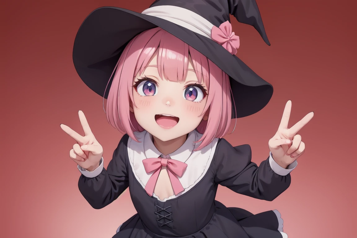 masterpiece,(best quality, high quality, highres:1.2), a woman in a witches hat and black dress with lights behind her and a pink background with a starburst, blurry, depth_of_field, facing_viewer, red_background, red_sky, smile, solo, bloodborne, a hologram, magical realism, (flat_color:1.1), (anime_coloring:1.1), (realistic_nose:-0.8),(megami magazine:1.1), open hands, pink hair
