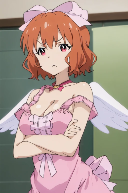 best quality, masterpiece, highres, solo, {hiyori_kotobuki_imocho:1.15}, short_hair, wings, breasts, hair_bow, bow, cleavage, orange_hair, red_eyes, open_mouth, brown_hair, medium_breasts, 1girl, anime_coloring, frown, pink_eyes, v-shaped_eyebrows, >:\(, angel_wings, clenched_hands, parody, pink_bow, bare_shoulders