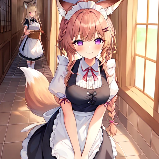 1girl, 2girls, apron, bangs, blush, (braid:1.2), breasts, brick_wall, brown_hair, closed_mouth, frills, long_hair, looking_at_viewer, maid, maid_apron, maid_headdress, large_breasts, ponytail, puffy_sleeves, purple_eyes, red_bow, shirt, short_sleeves, sidelocks, smile, tile_floor, tile_wall, tiles, full_body, fox_ears, fox_tail, bowing, hallway, smiling, cat ears, cat tail, dog ears, dog tail,
