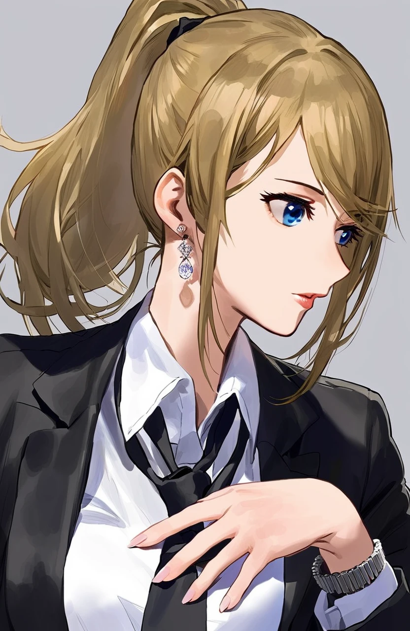 by modare, ayase eli, 1girl, solo, blue eyes, blonde hair, ponytail, necktie, watch, formal, suit, wristwatch, jewelry, black necktie, earrings, shirt, jacket, upper body, long hair, white shirt, black jacket, blood, grey background, long sleeves, collared shirt, parted lips