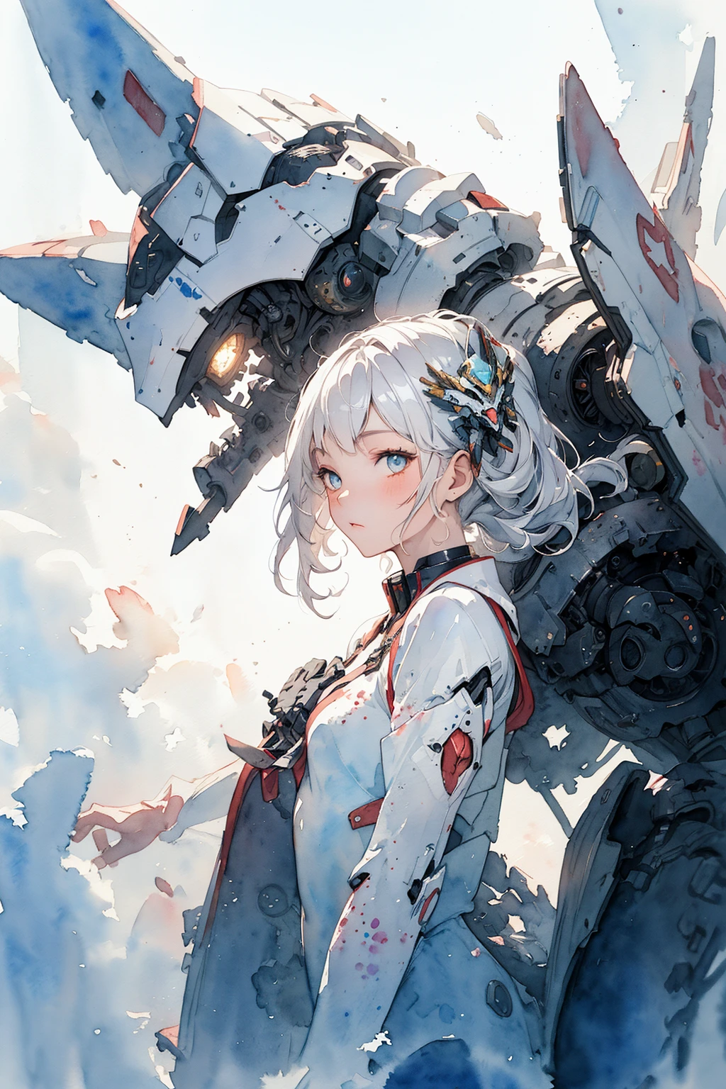 absurdres, highres, ultra detailed, (girl:1.3), mecha
BREAK
(, watercolor style, soft blending, dreamy washes, delicate textures,:1.4)