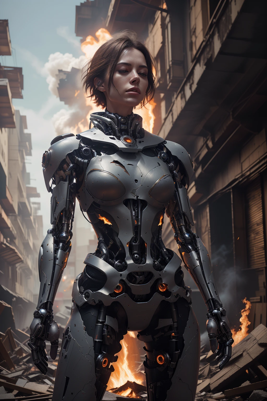 raw photograph, realistic photo of ((woman in a hulking hydraulic biomechanical exoskeleton armored robot)), (detailed face), sunset, sweaty, post-apocalyptic, long hair, cyberpunk