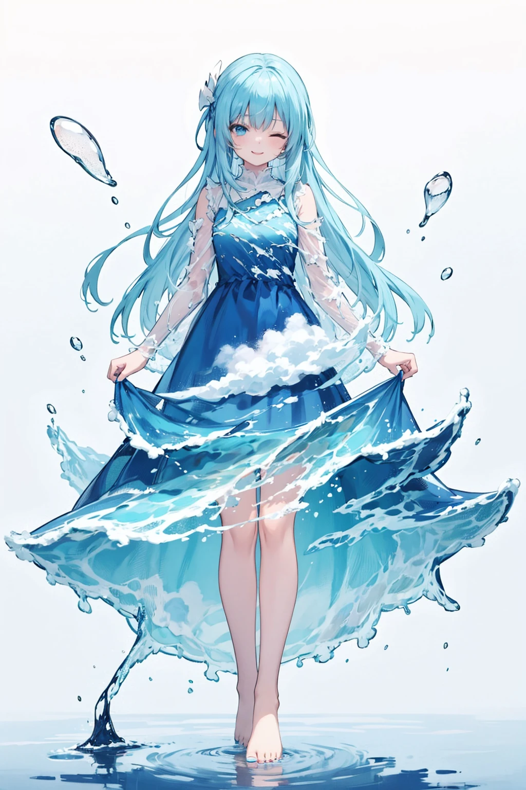 1girl, solo, ((liquid clothes)), <lora:LiquidClothesV2:1>,
liquid clothes, blue theme, 1girl, solo, long hair, dress, barefoot, blue hair, one eye closed, blue eyes, blue nails, nail polish, toenail polish, cloud, toenails, full body, very long hair, sky print, blue dress, standing, sleeveless, looking at viewer, smile